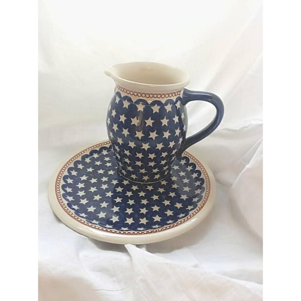 Boleslawiec Blue and White Star Patterned Polish Pottery Pitcher and Plate